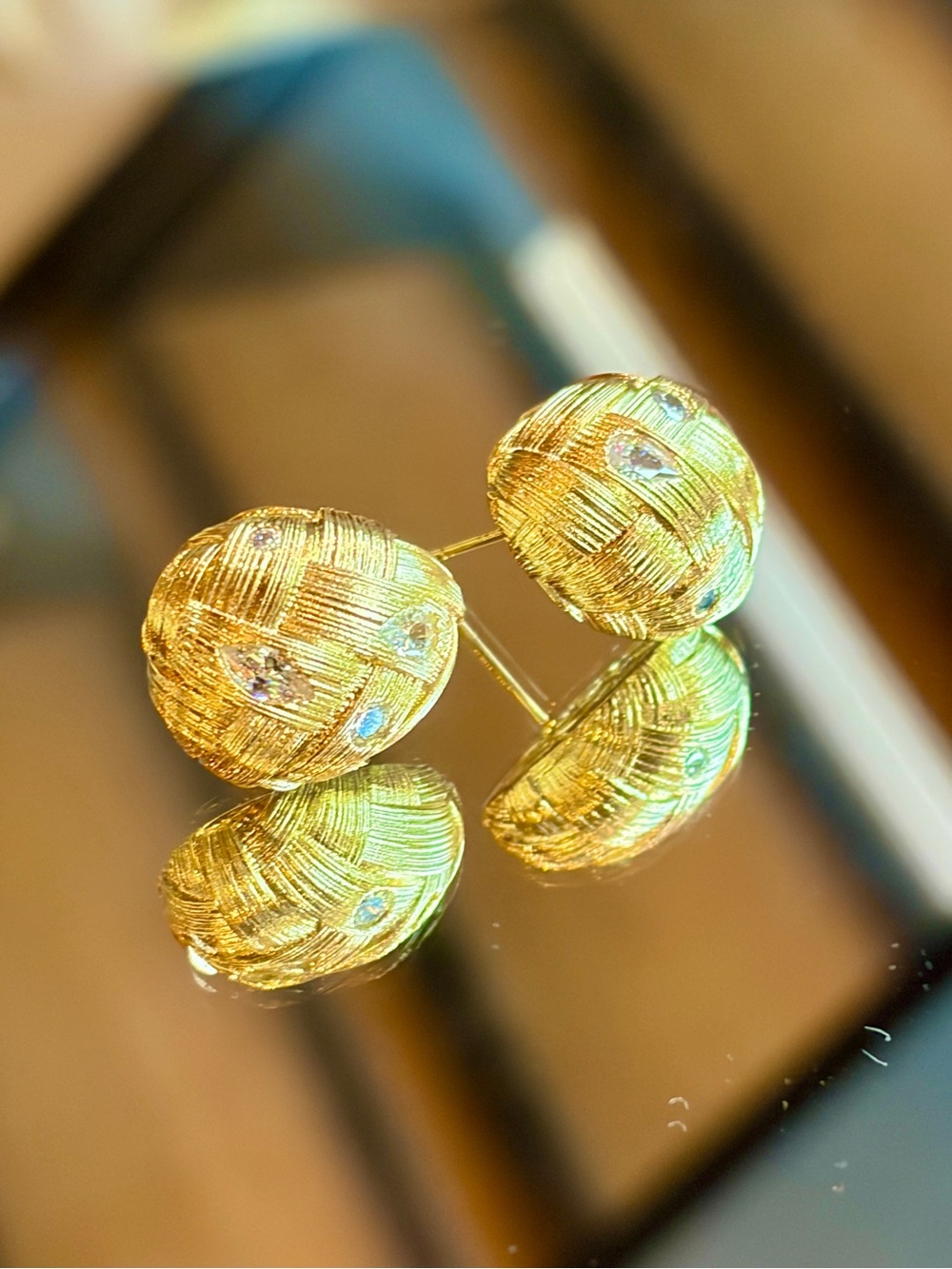 New Gold Plated S925Textured Woven Oval Stud Earrings, Hypoallergenic Ear Pins